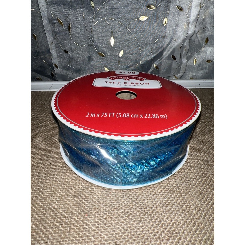 Holiday Time 75ft Blue Wired Ribbon 2in Glitter Double Sided RB01